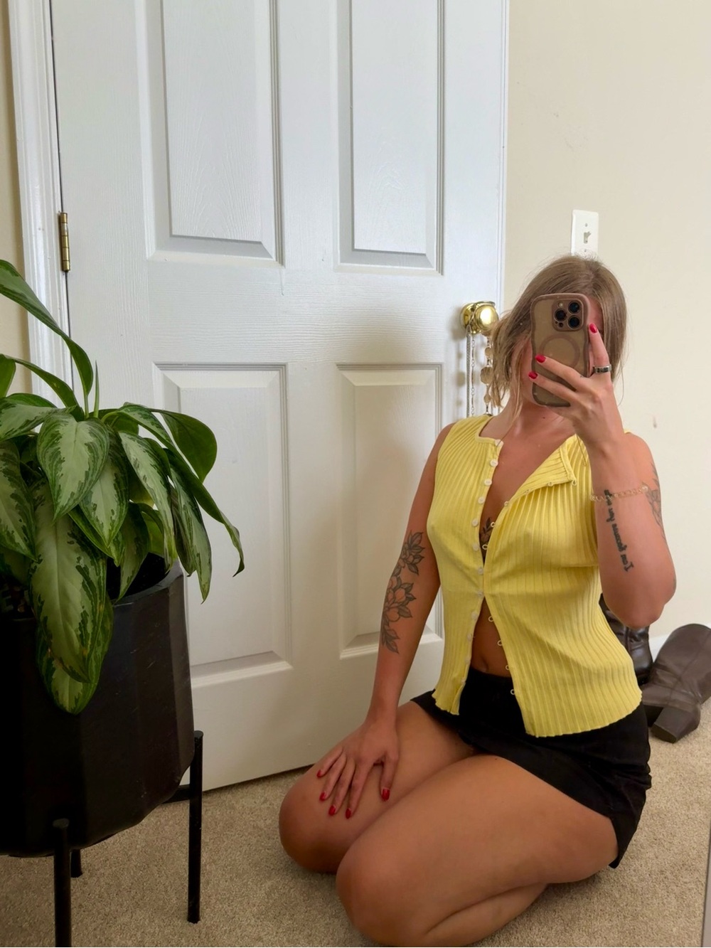Free People Yellow Ribbed Button-Up Tank
